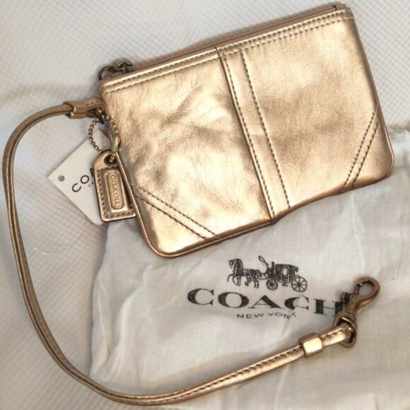 Coach Metallic Leather Hampton Wristlet in Gold/Brass, NWT - Picture 1 of 6